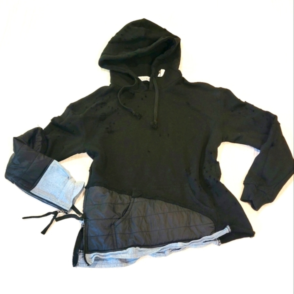 CAARA Distressed Denim and Black Sweatshirt with Zipper Accents
